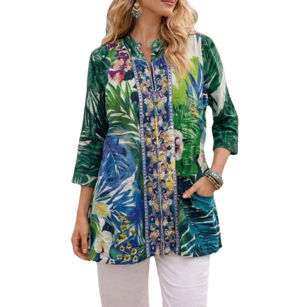 Soft Surroundings Pretty Palms Shangri La Cotton Tunic Top Size Medium